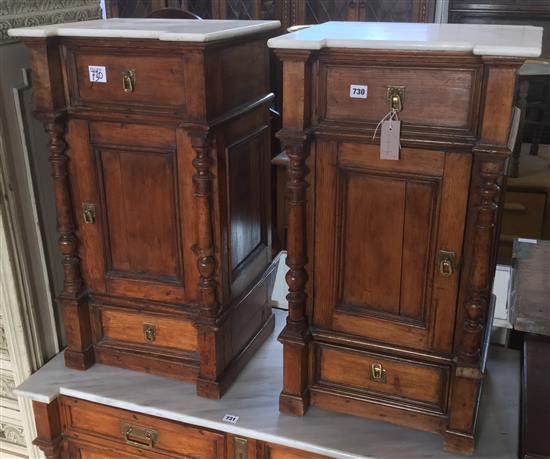 Pair pine side cabinets with marble tops